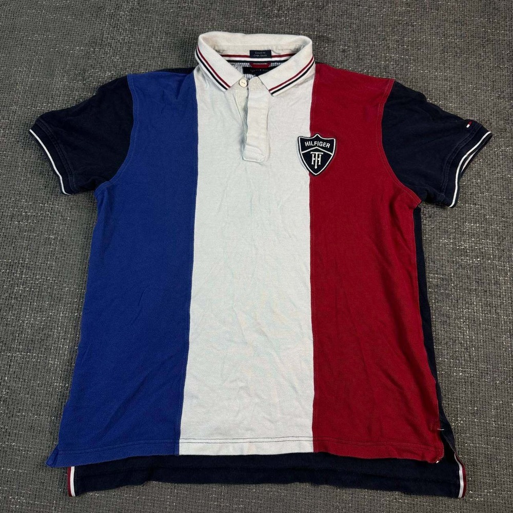 Tommy Hilfiger Colorblock Polo Shirt Mens L Blue Red White Crest Custom Fit